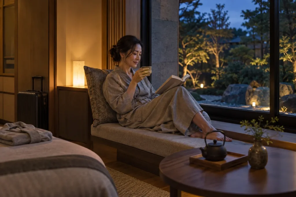 京都風の客室でハーブティーと本を手に二泊目の夜を過ごす女性