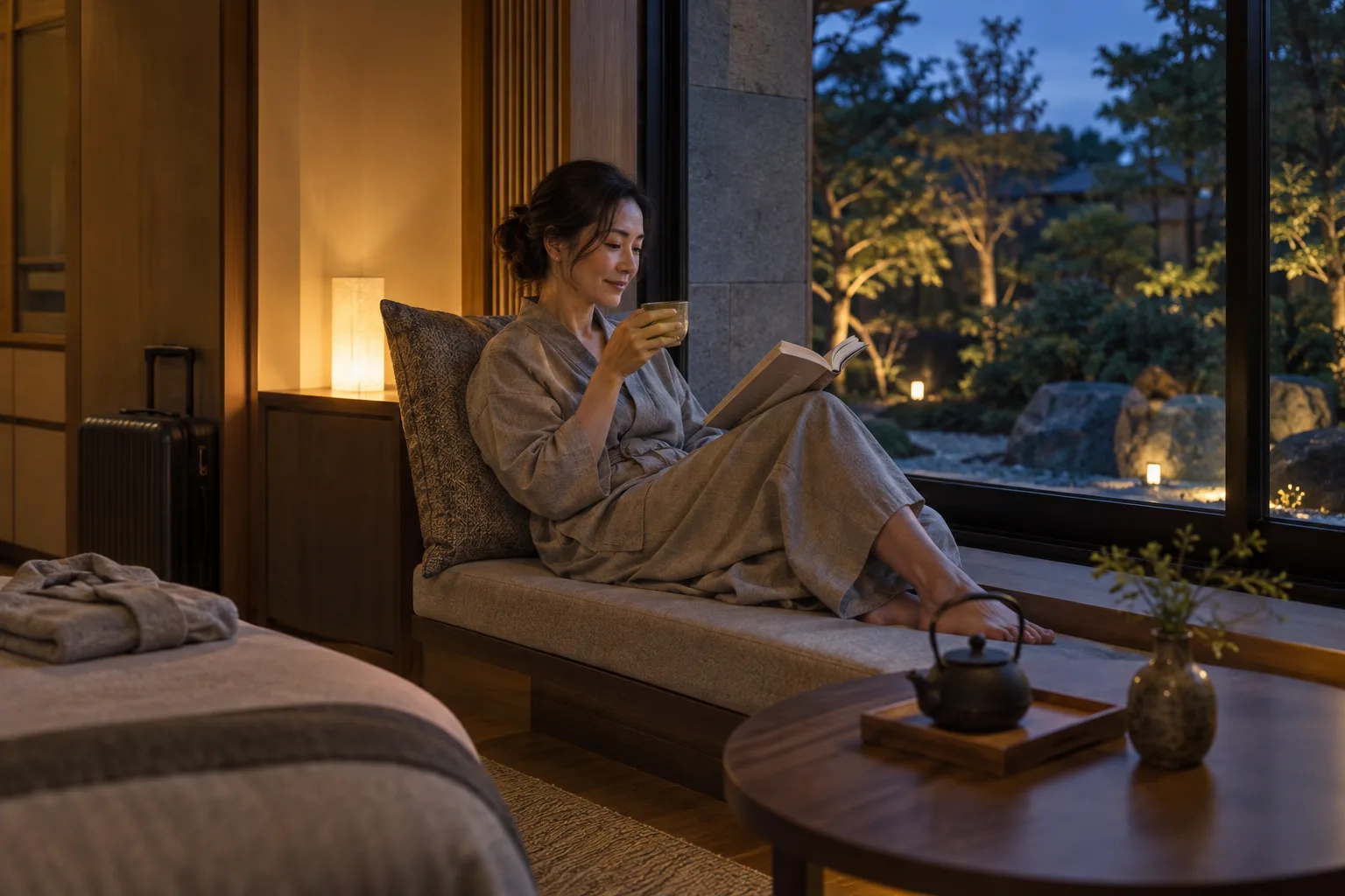 京都風の客室でハーブティーと本を手に二泊目の夜を過ごす女性