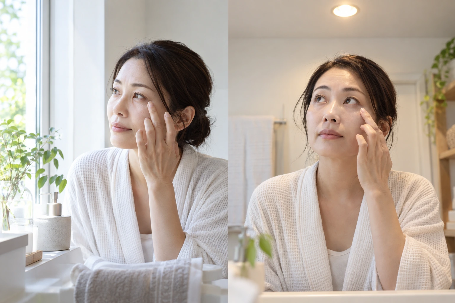 朝の自然光と室内照明で目元の見え方を確認する女性の編集イメージ