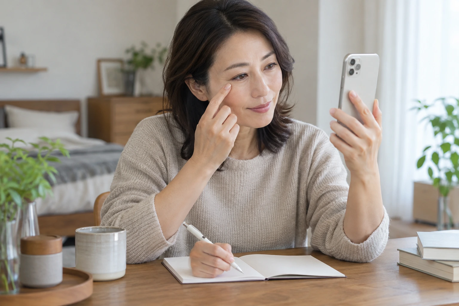 同じ角度と明るさで目元の変化をメモする女性の編集イメージ