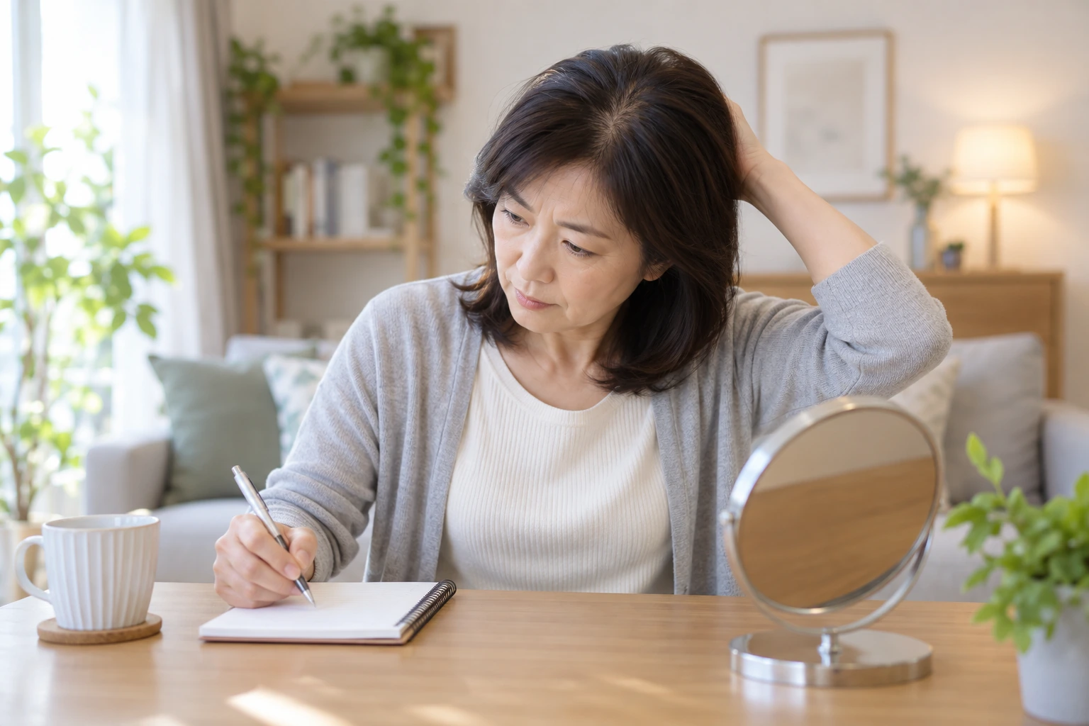 ヘアスタイルと髪の状態を書き込めるシートとブラシ