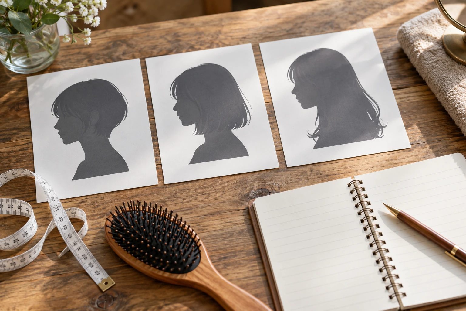 短い・肩上・肩下のヘアスタイルシルエットを比べる机上の道具
