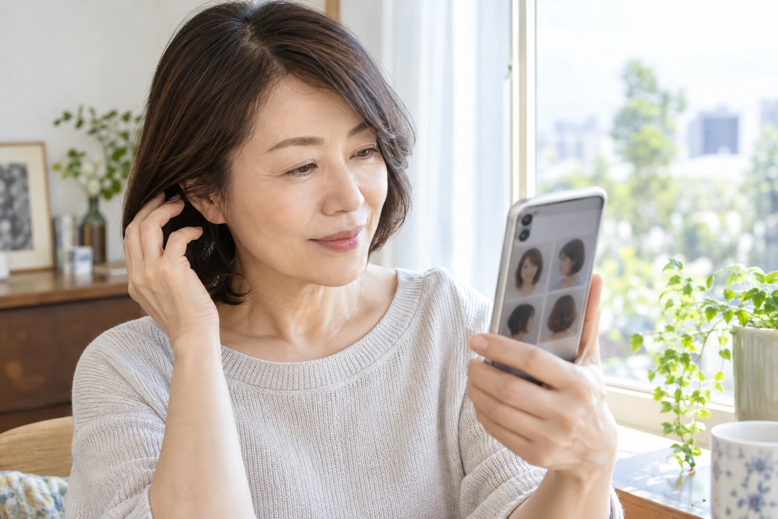 夕方の部屋で髪の手入れ時間をノートに整理する女性