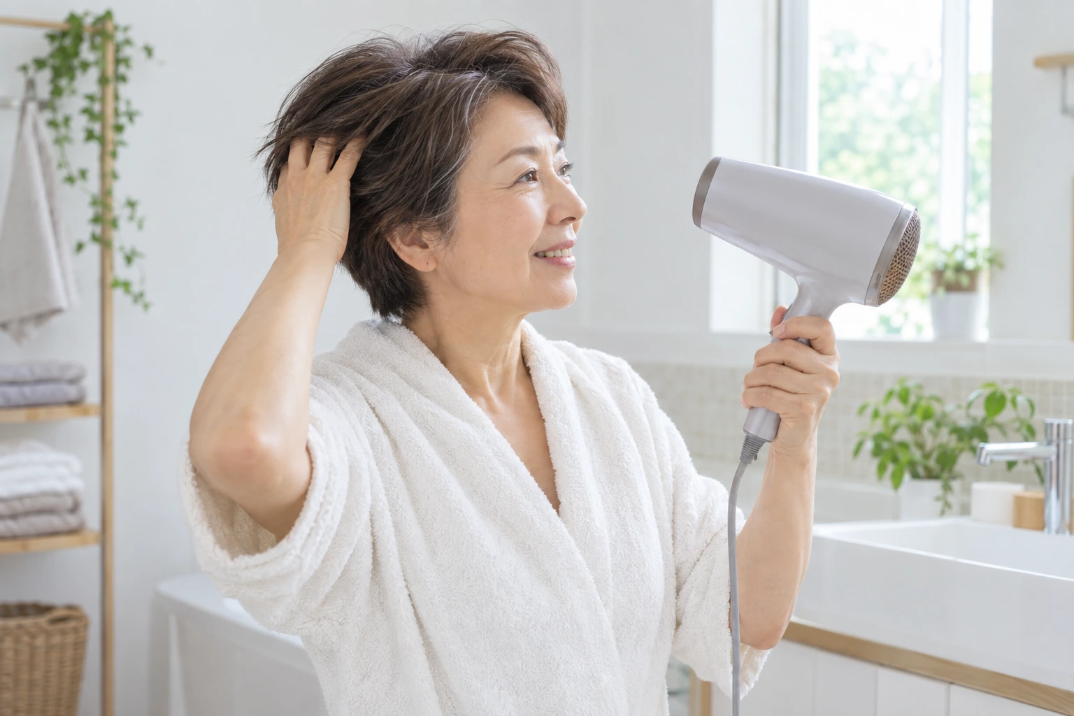 洗髪後の髪をタオルとドライヤーで乾かす60代女性