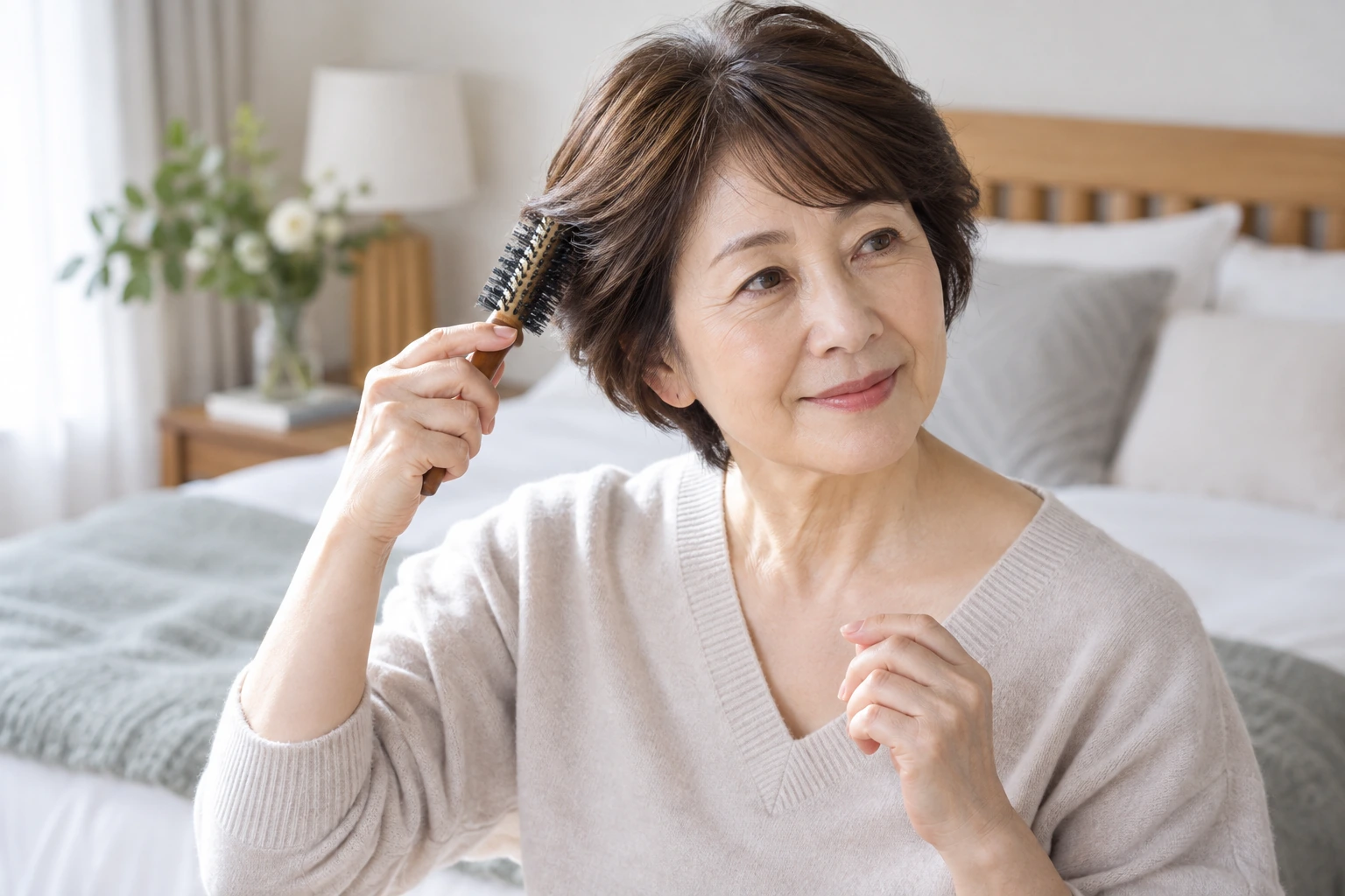 ブラシとドライヤーで前髪を整える60代女性