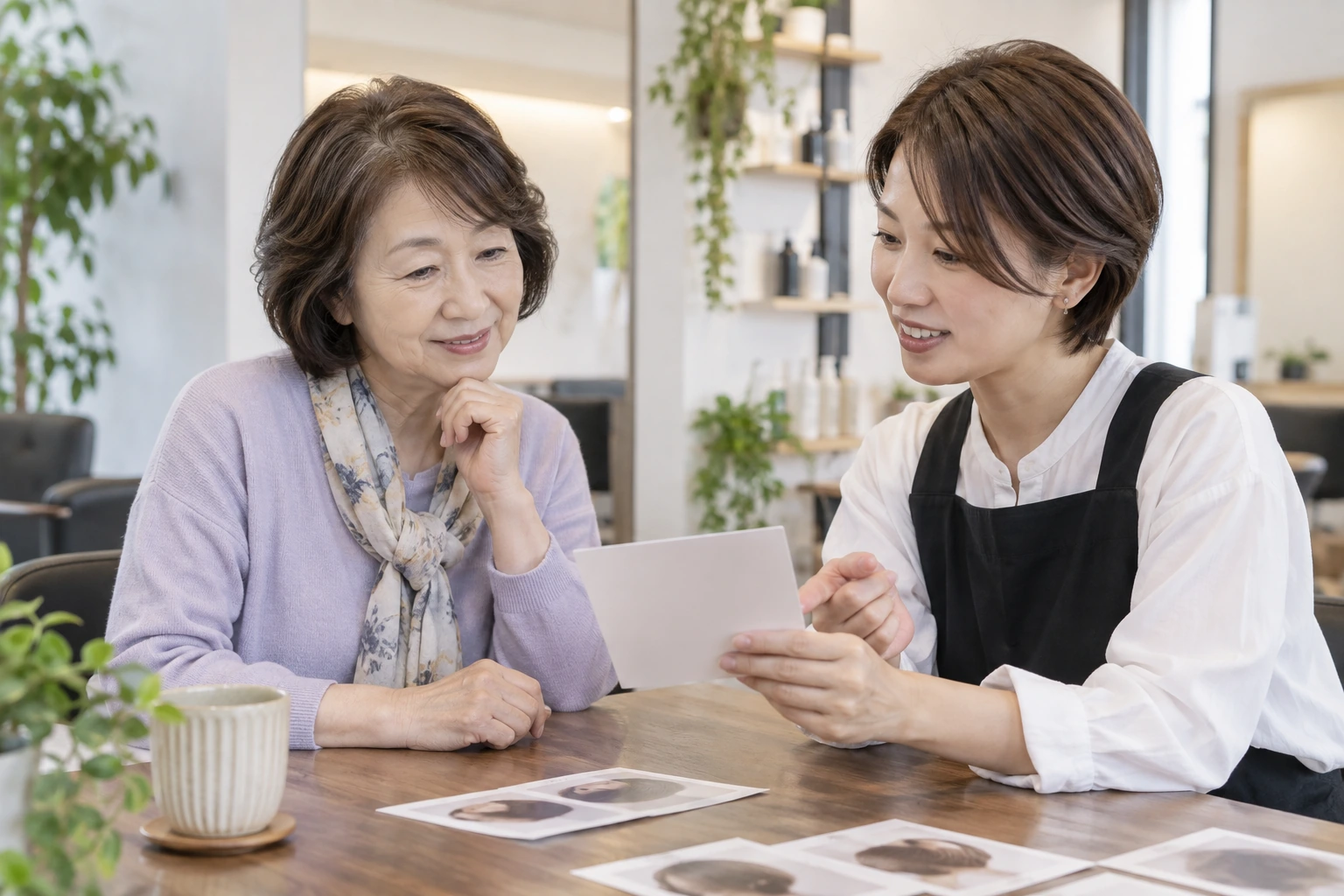 ヘアスタイルの希望を写真とメモで整理する60代女性