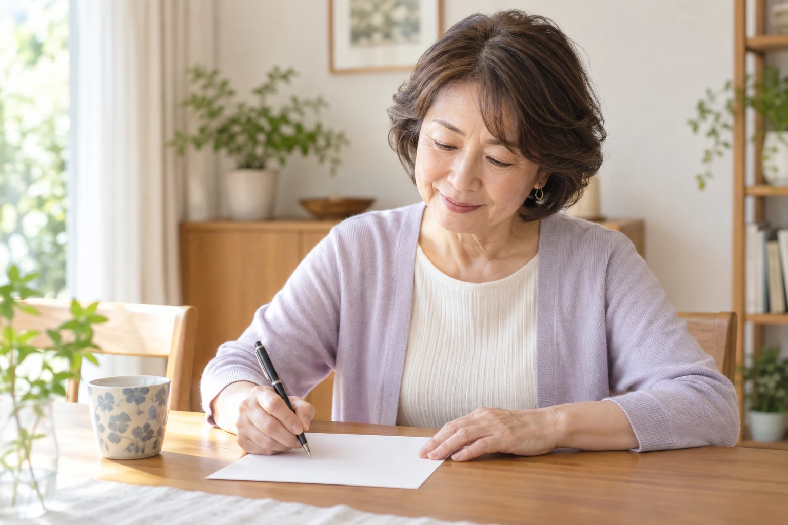 美容室へ伝える髪型の希望をメモする60代女性