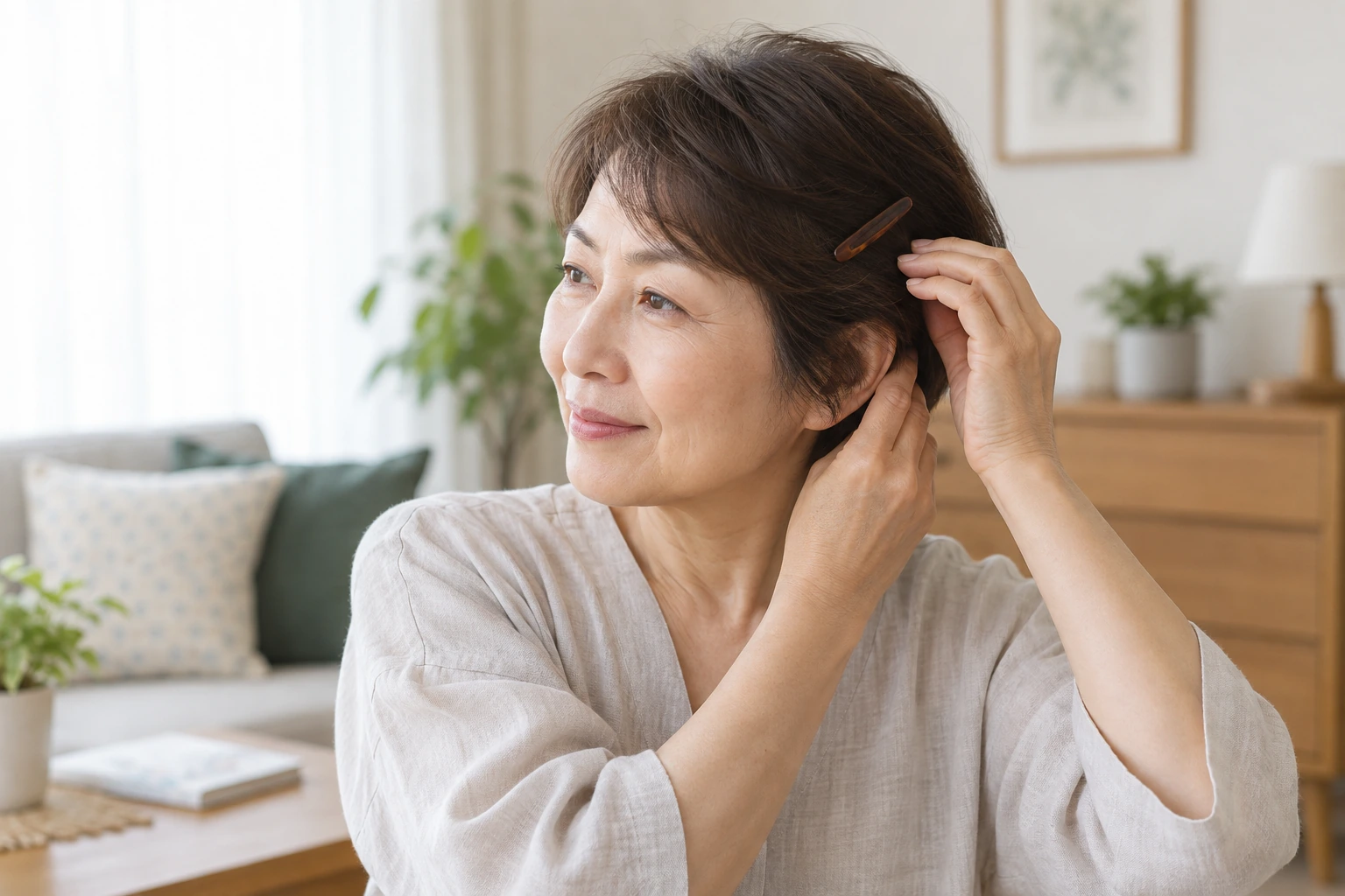 自宅で髪をまとめて手入れのしやすさを確かめる60代女性