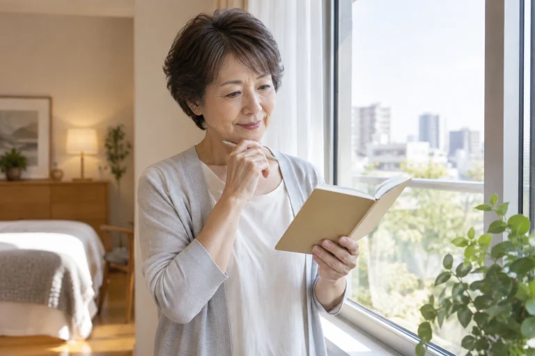 朝の髪の手間をノートで考える60代女性