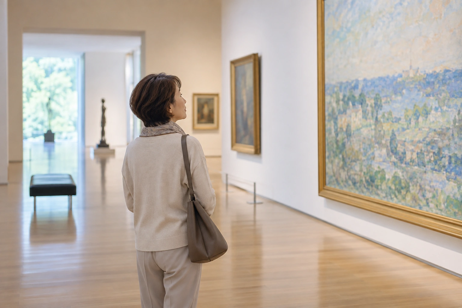 一人で美術館の展示を見る日本人女性