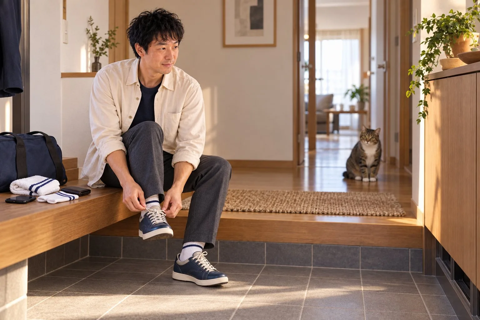 自宅の玄関で靴ひもを結び猫に見送られる裕介さん