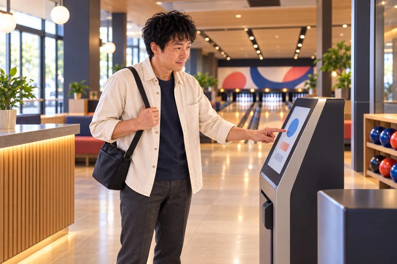 ボウリング場の受付機でひとり利用を選ぶ裕介さん