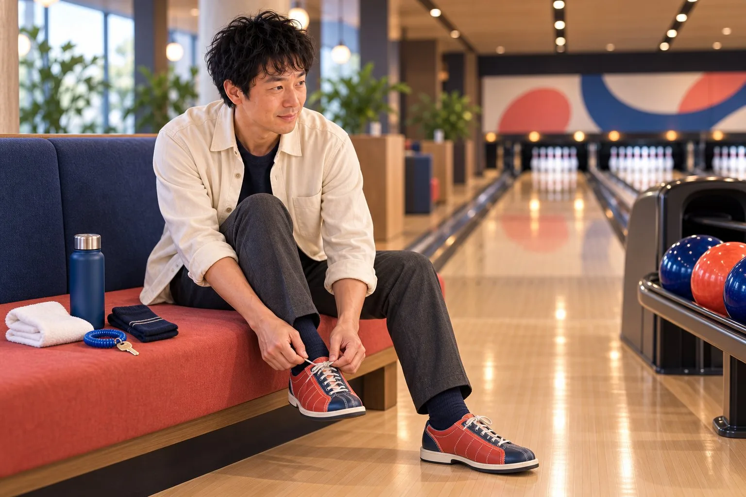 レーン脇で貸靴のひもを結ぶ裕介さん