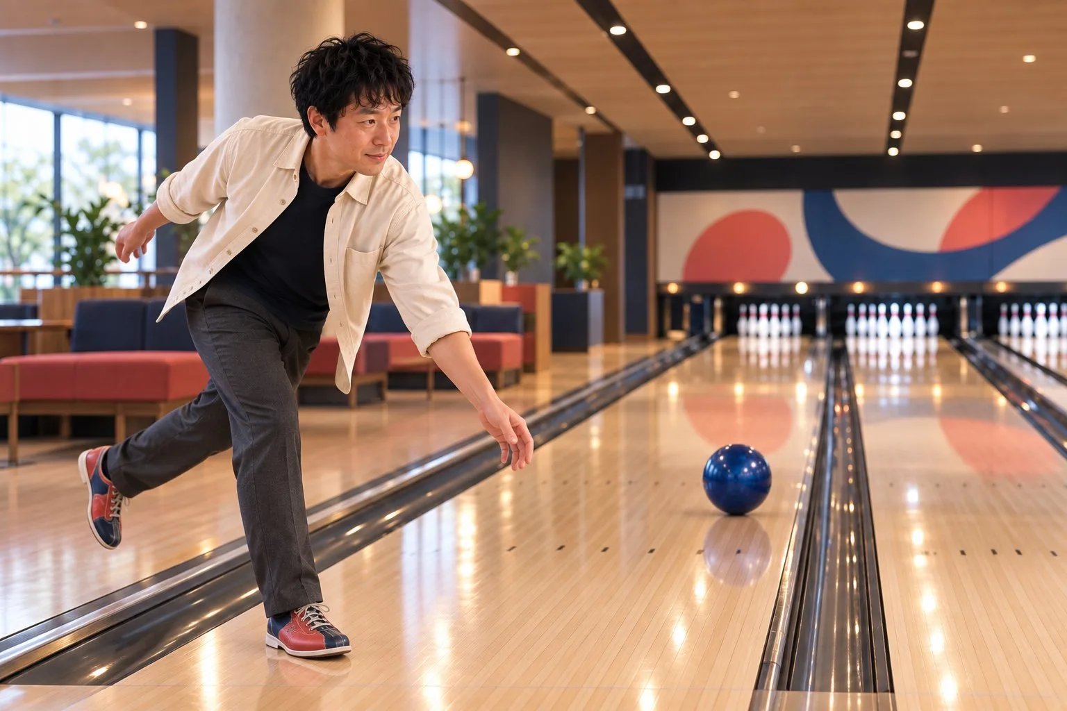 同じ位置から青いボールを投げる裕介さん