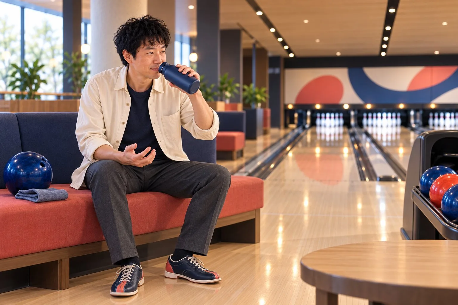 一ゲーム目の後に水を飲んで休憩する裕介さん
