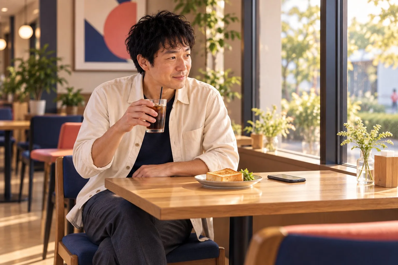 ボウリング後に喫茶店でひとり休む裕介さん