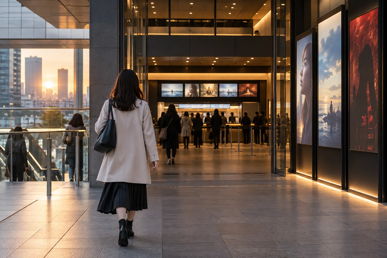 夕方に駅から都市型映画館の入口へひとりで歩く女性