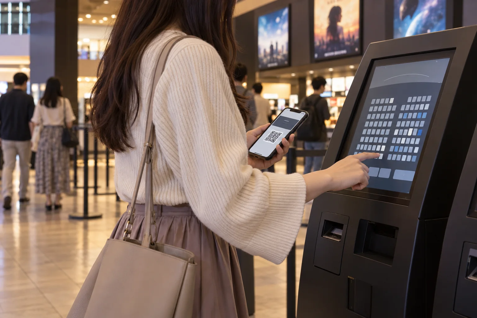 映画館の発券端末でスマートフォンを見ながら操作する女性
