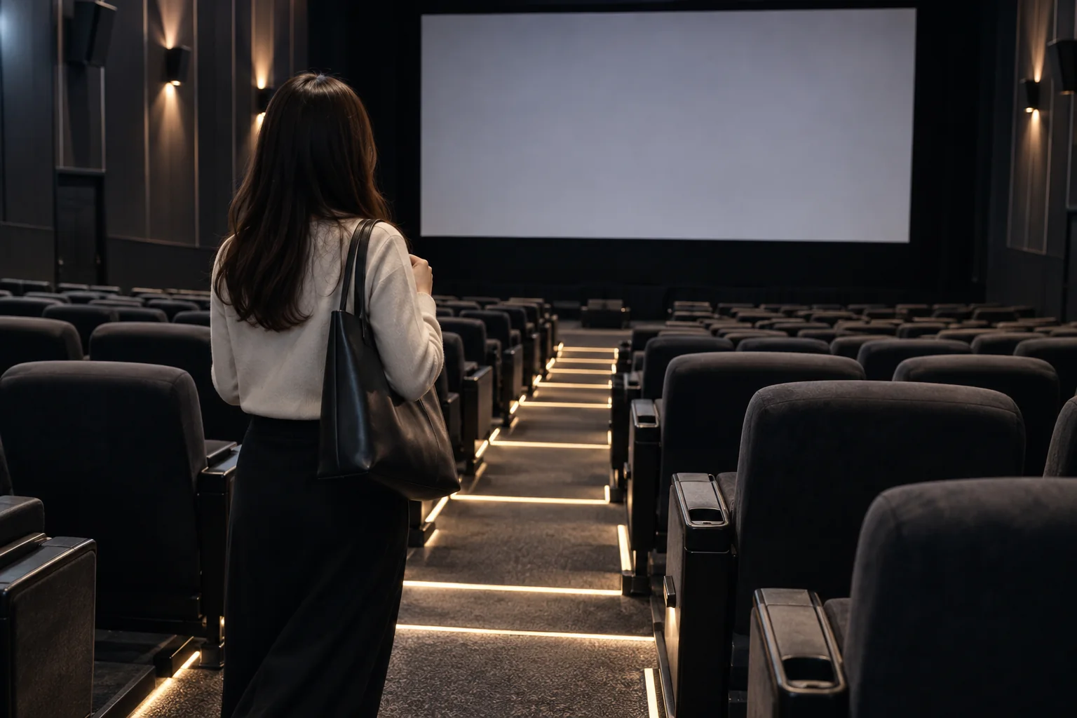 照明がついた映画館でスクリーンと通路を確かめながら入る女性