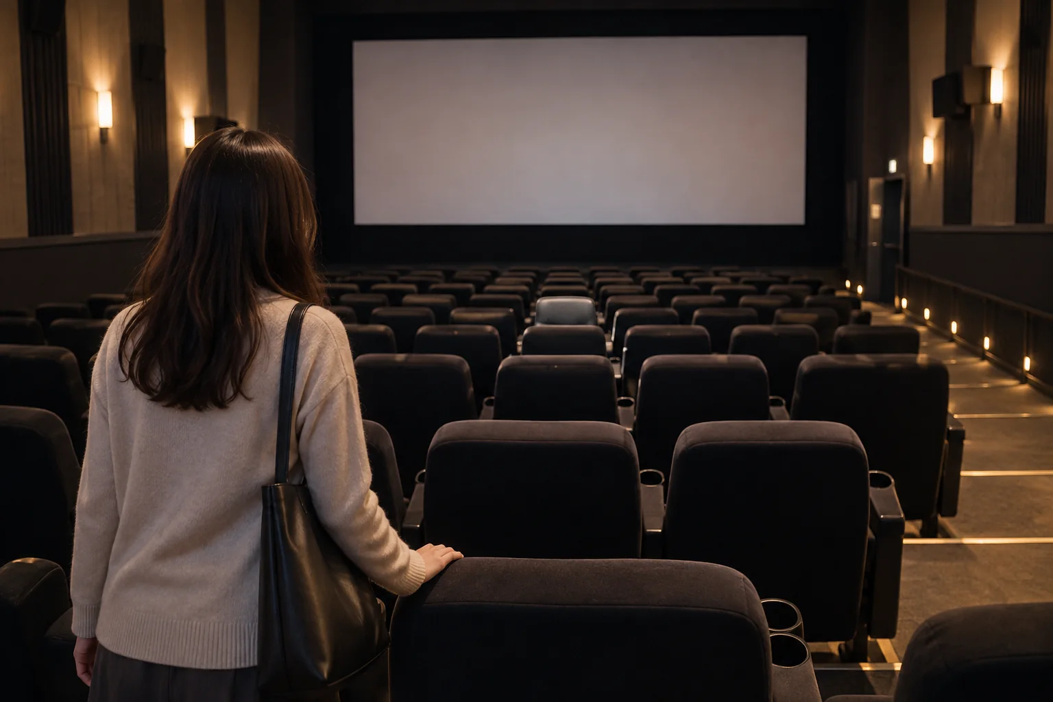 映画館で中央席と通路側のどちらへ座るか考える女性