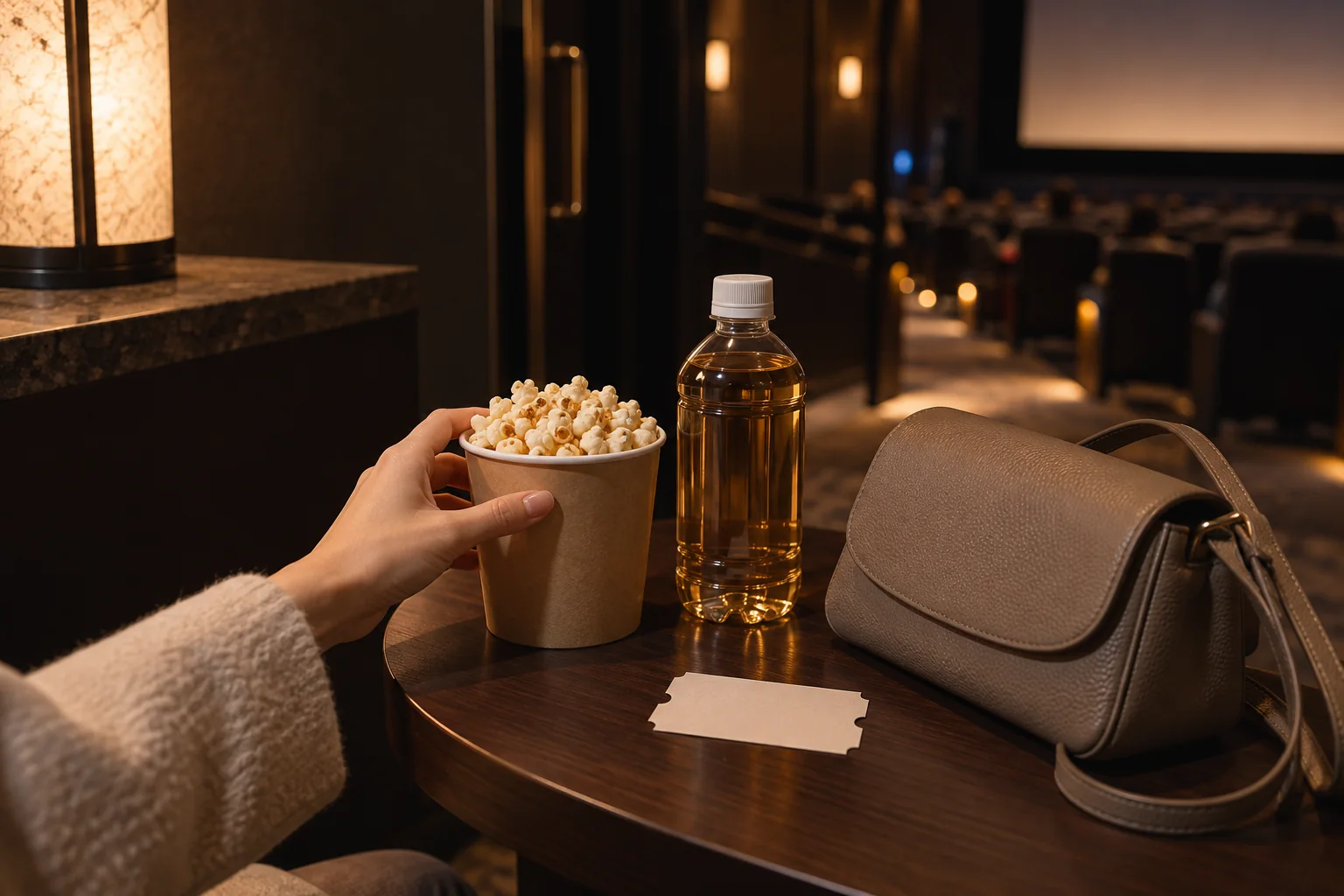 映画館の小さなテーブルに一人分のポップコーンと飲み物とバッグを置く手元