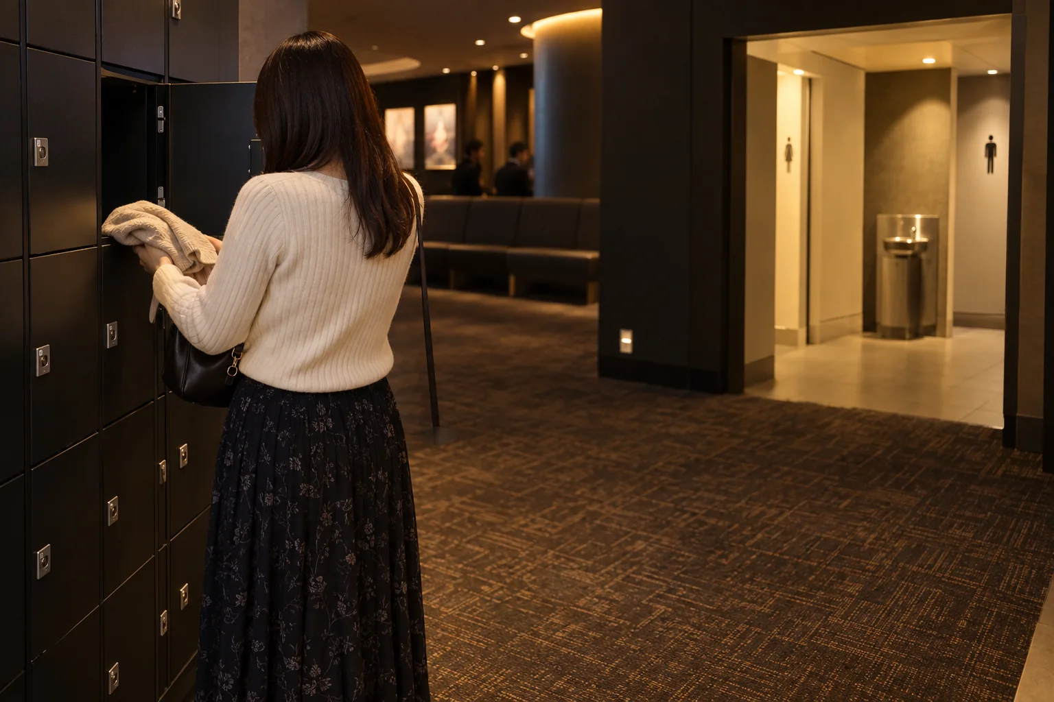 映画館のロッカー前で上着と荷物を整える女性