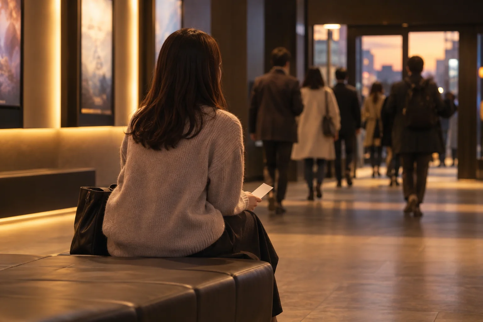 上映後の映画館ロビーで人の流れを見ながらベンチに座る女性