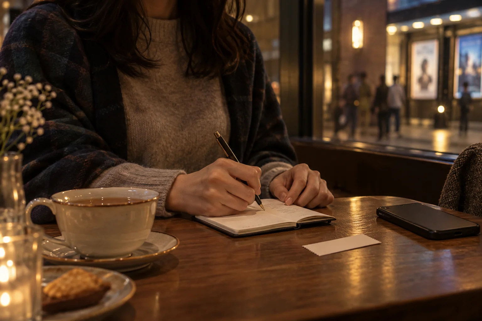 映画館近くのカフェで手帳に一行だけ感想を書く女性の手元