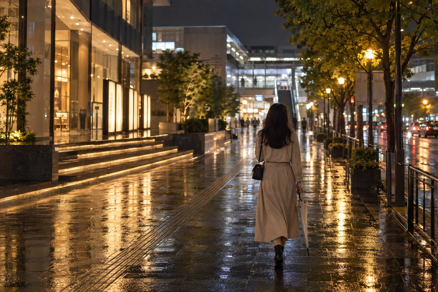 雨上がりの夜道を映画館から駅へひとりで歩く女性