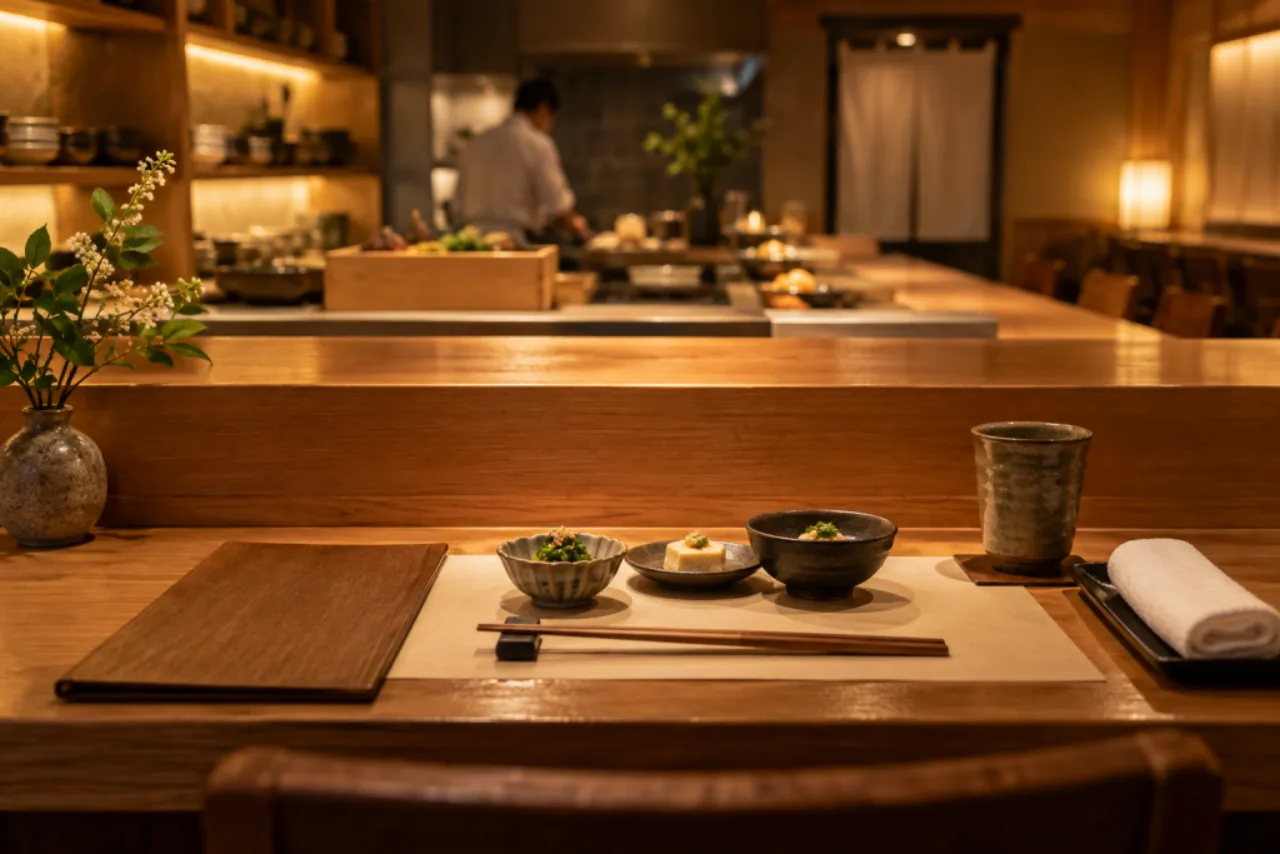 一人分の席で料理を待つ