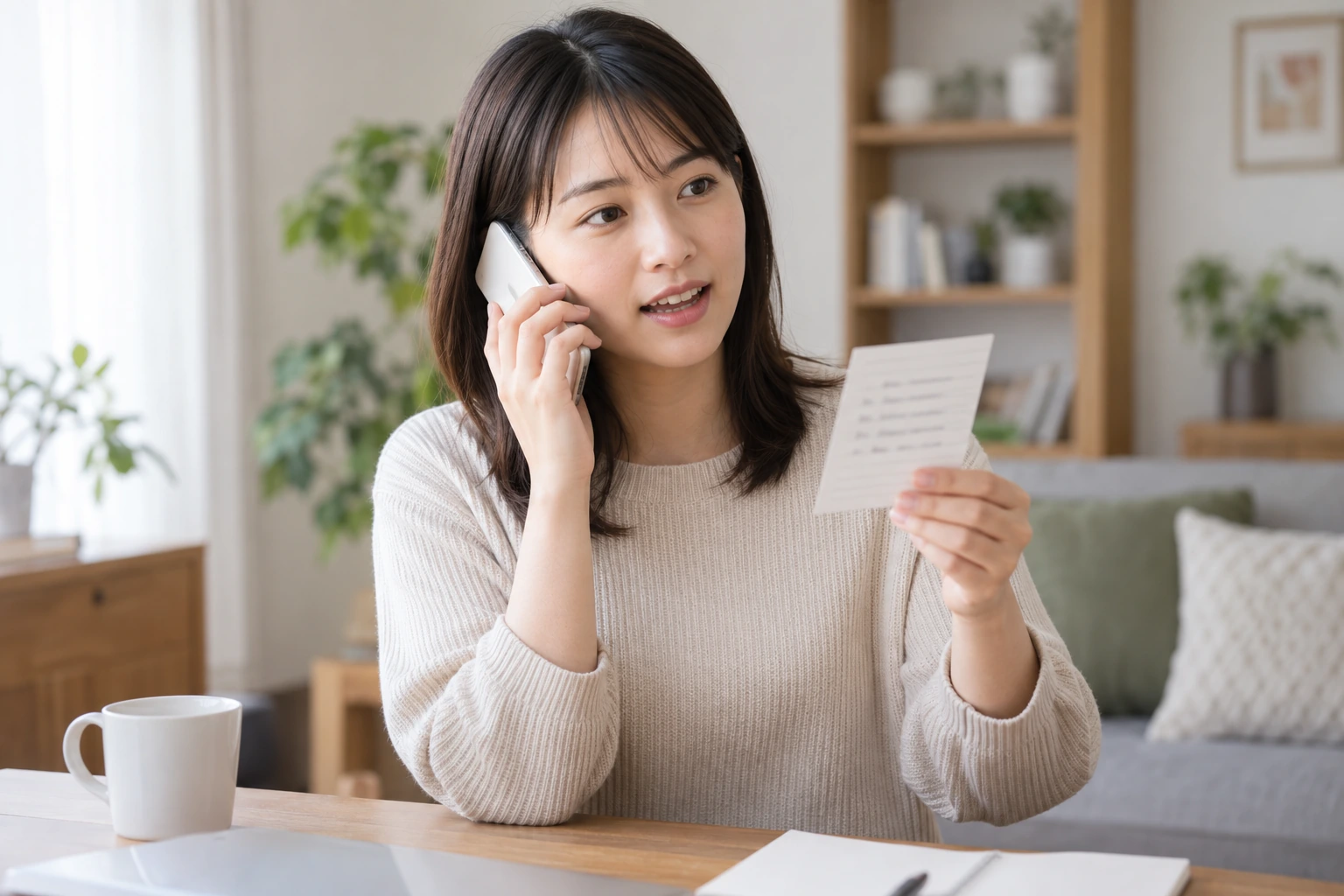 スマートフォンを見ながら一人焼肉の予約内容をメモする女性