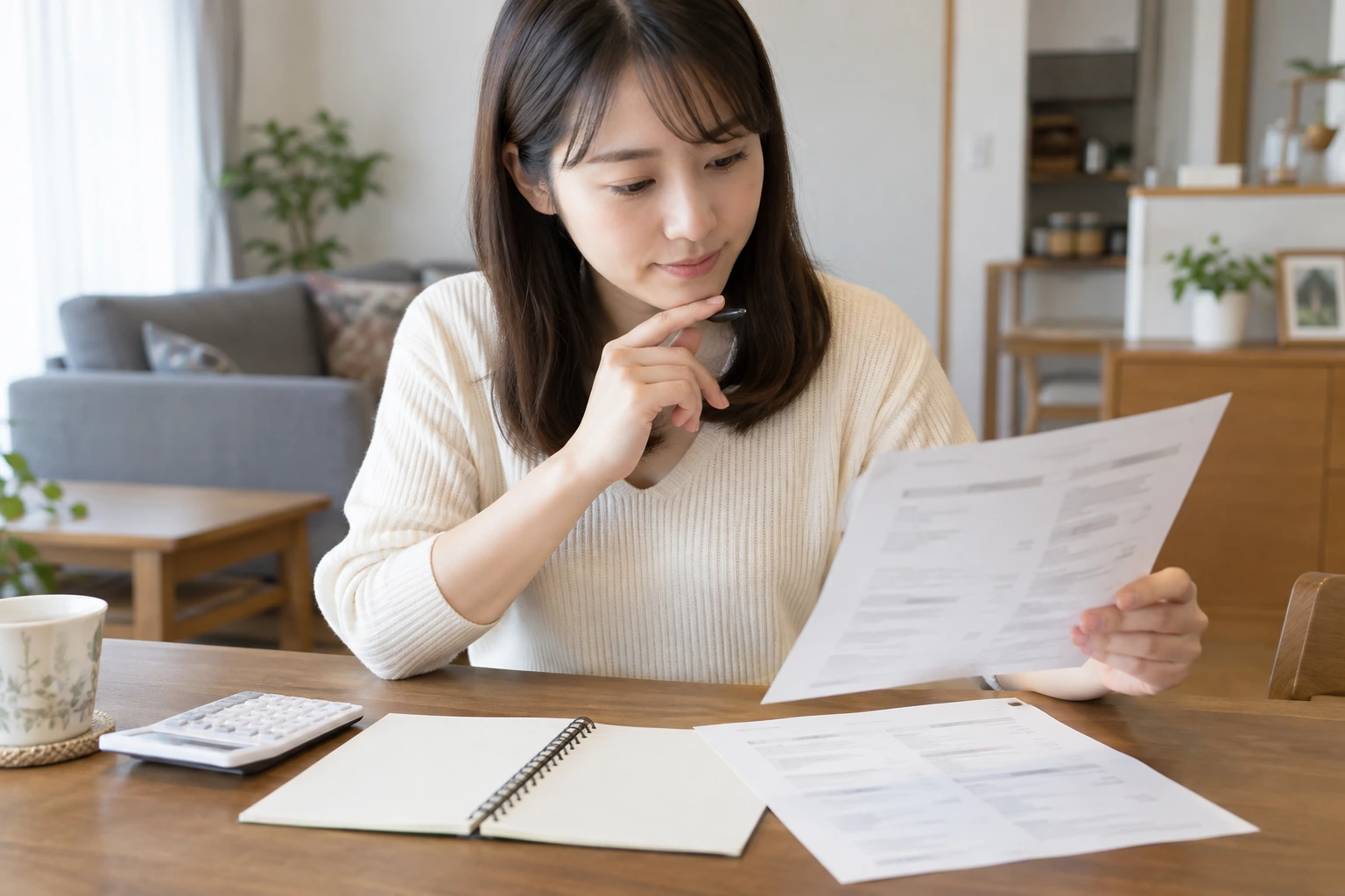 一人焼肉の料理代と飲み物代を分けて予算を考える女性