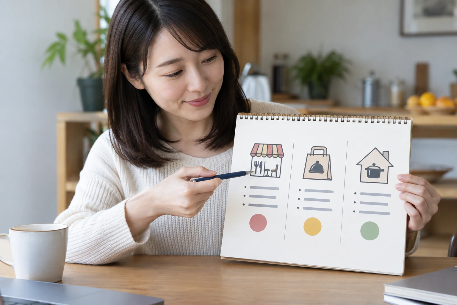 外食、テイクアウト、自宅調理を比べて一人の食事方法を選ぶノート