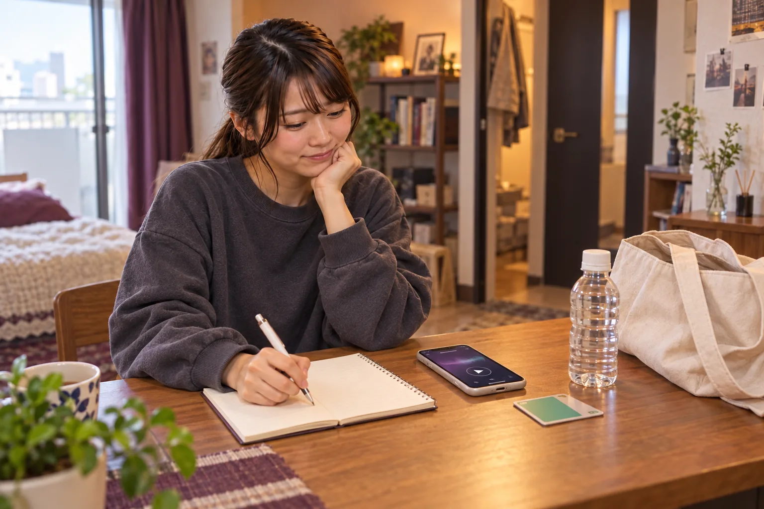 自宅のテーブルでひとりカラオケの曲順を考える栞さん