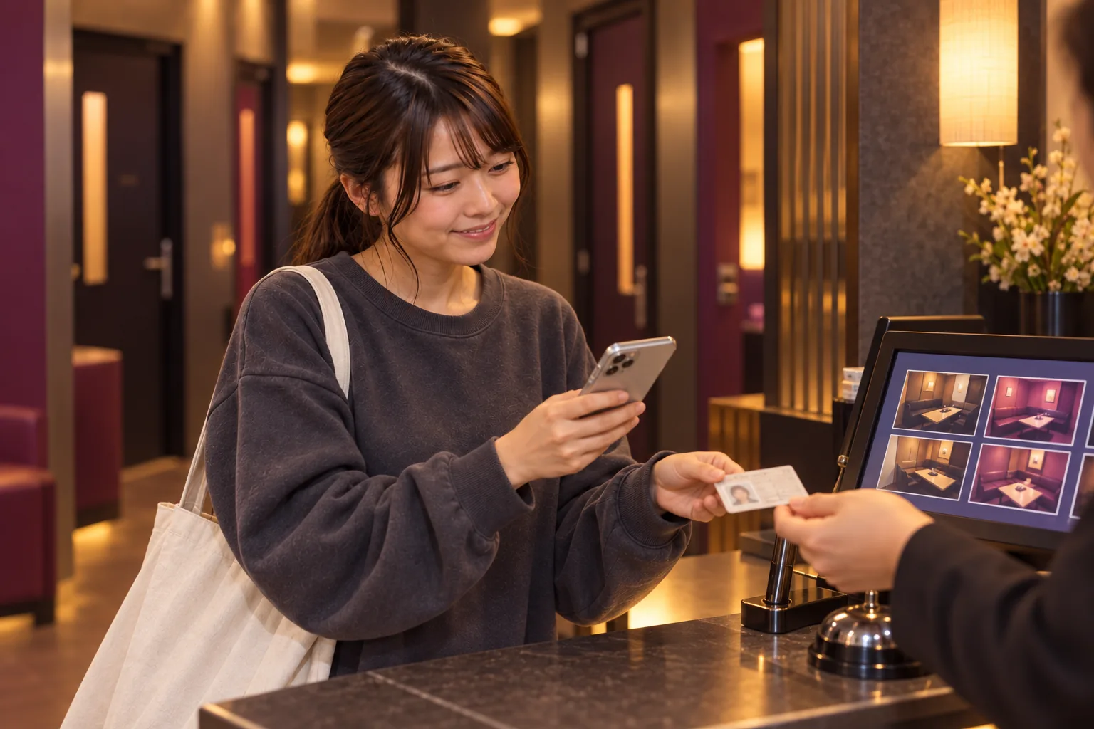 カラオケ受付でスマートフォンと身分証を提示する栞さん