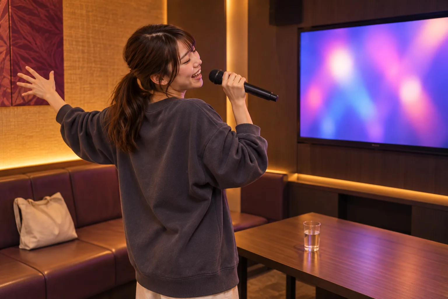 ひとりカラオケで好きな曲を思い切り歌う栞さん