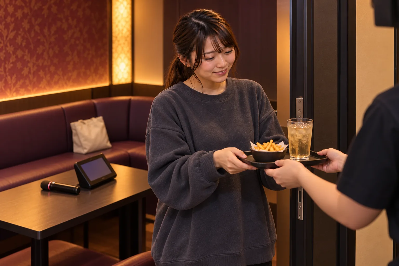 カラオケ個室の扉で一人分のポテトと飲み物を受け取る栞さん
