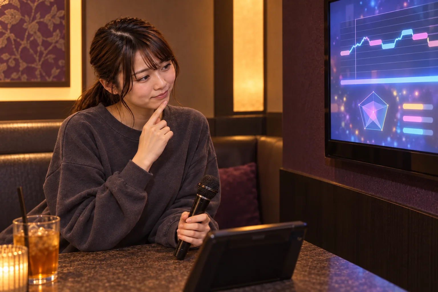 抽象的な採点画面を見て歌い直す場所を考える栞さん