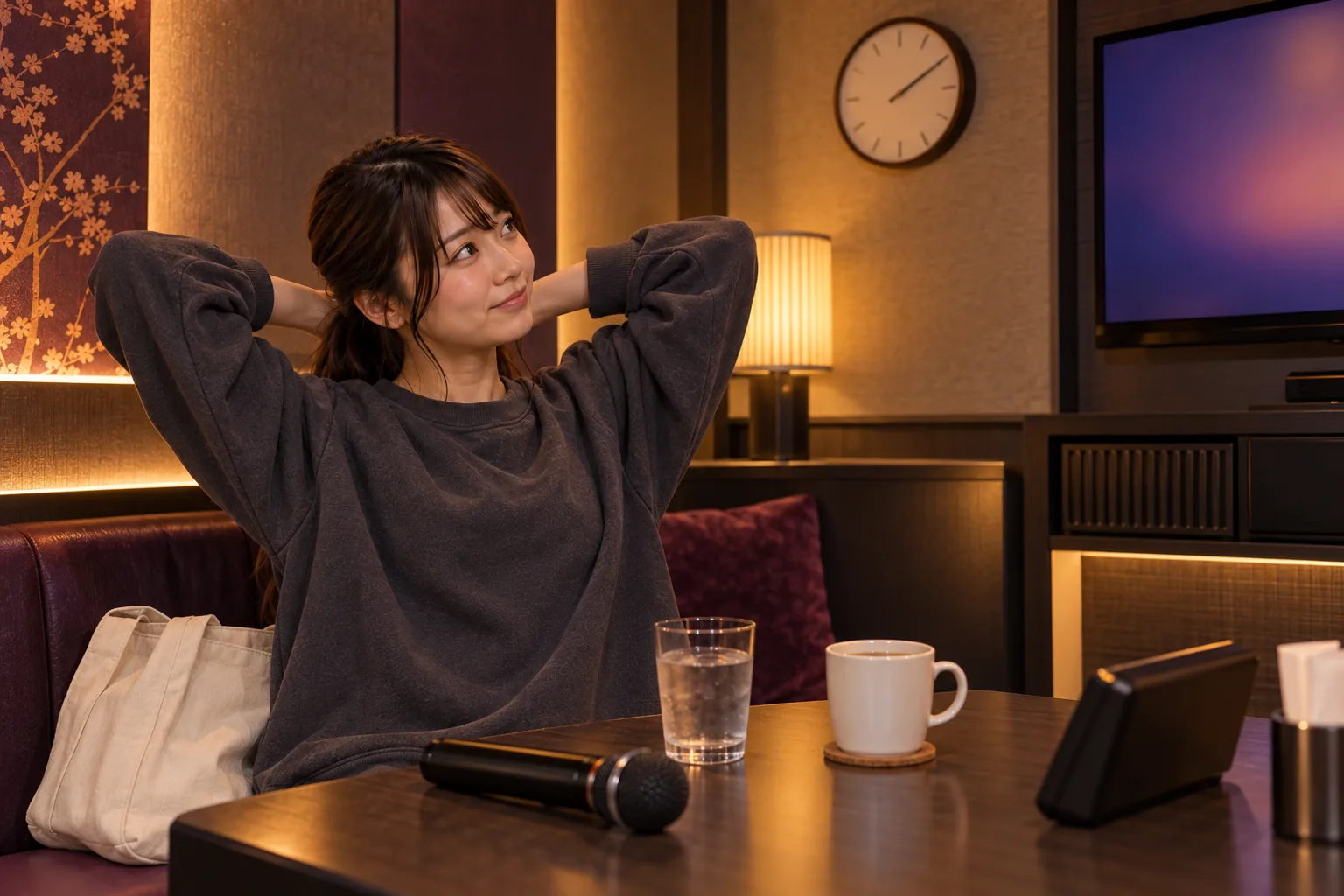 マイクを置いて水を飲み肩を休める栞さん