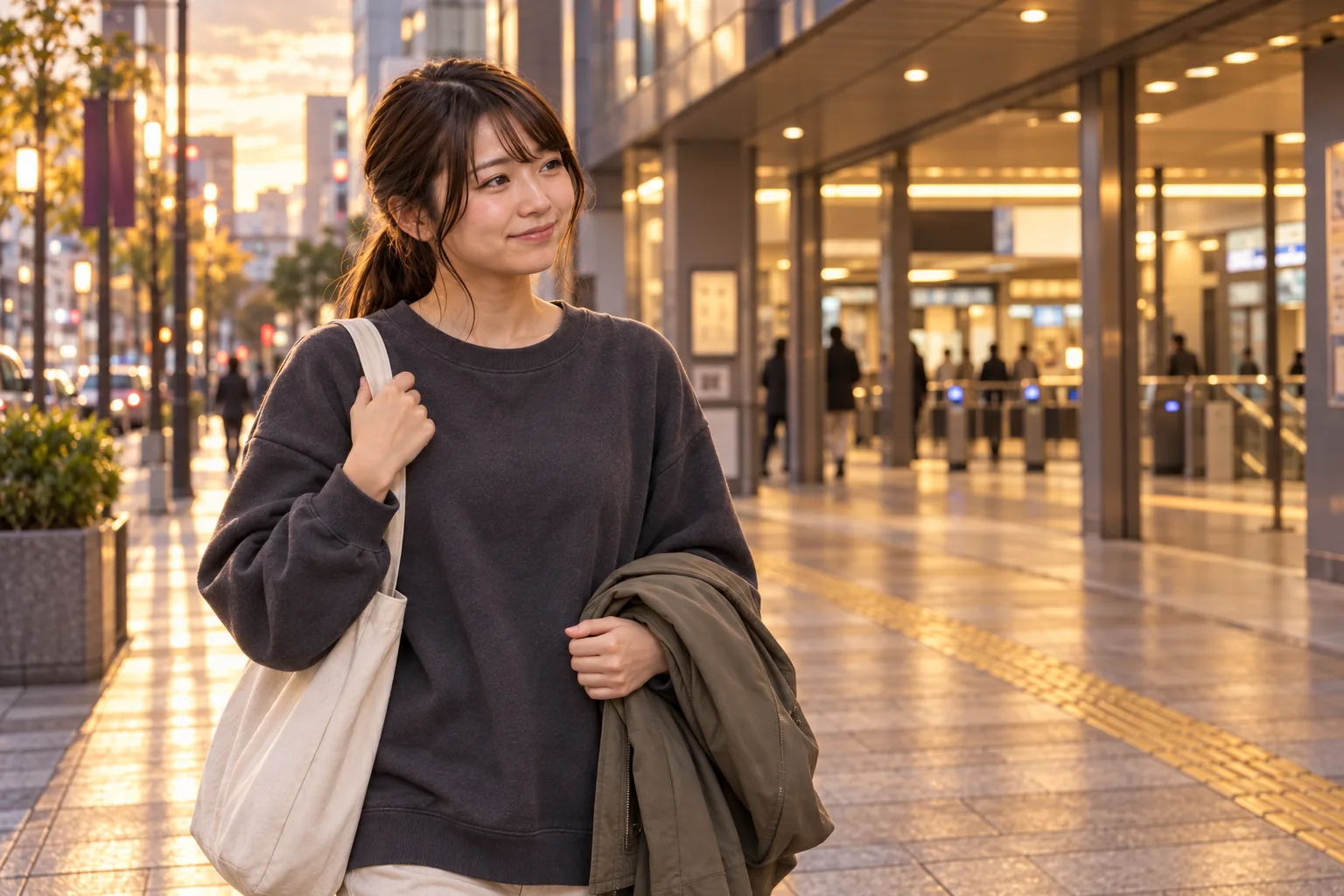 ひとりカラオケを終えて夕方の駅へ歩く栞さん
