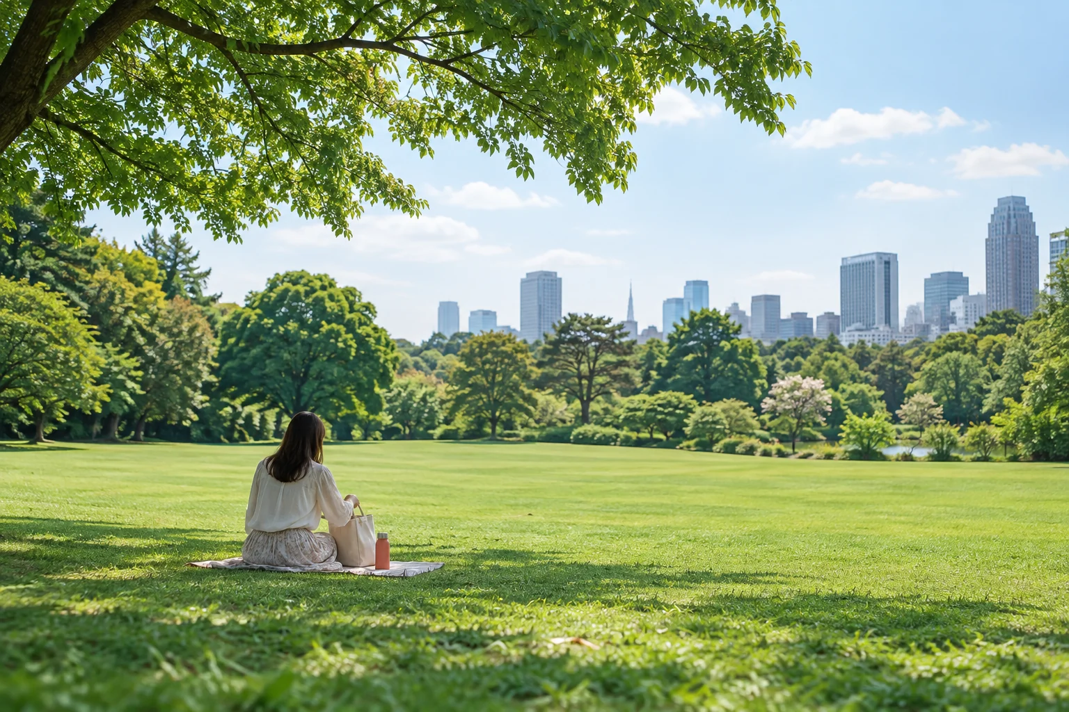 大きな芝生の木陰で一人の時間を始める女性