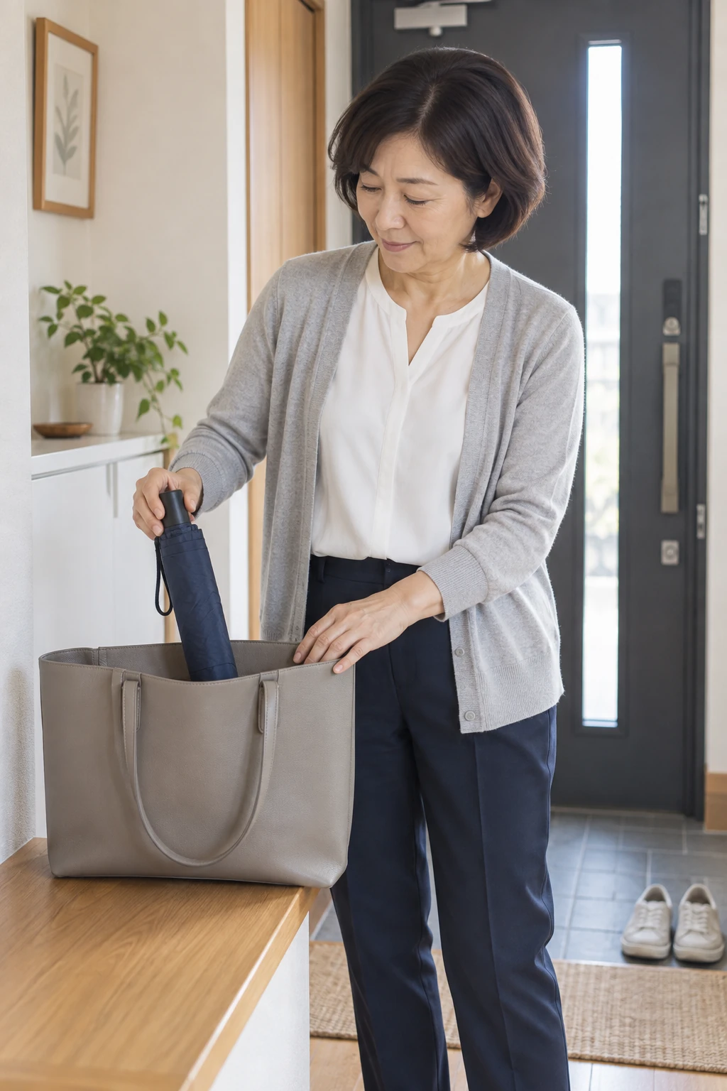 自宅の玄関で、折りたたみ日傘と通勤バッグの収納サイズを見比べる女性のイメージ