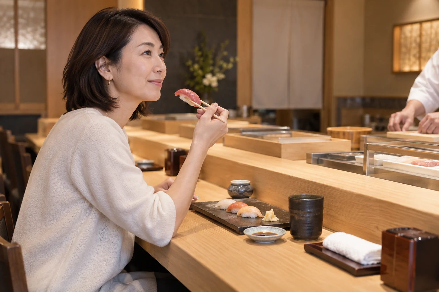 一人で座れる寿司カウンターを確認する女性の編集イメージ
