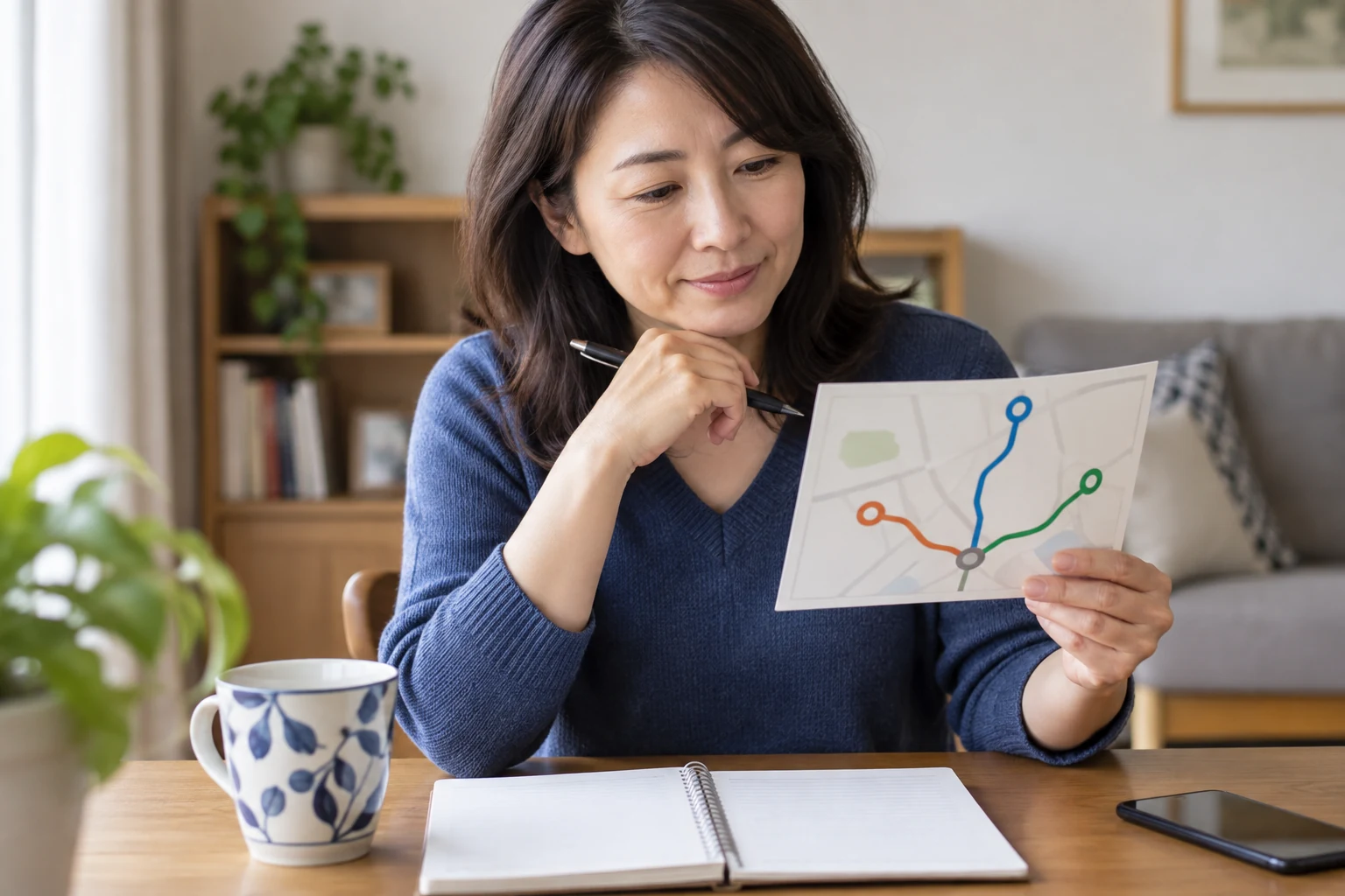 混雑時の代替候補を地図で確認する女性の編集イメージ