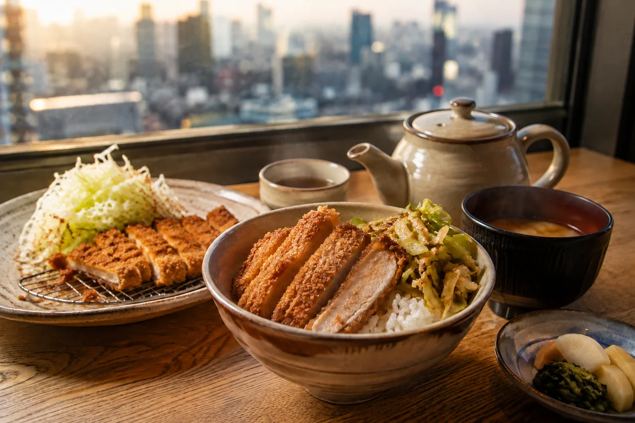 ごはんにとんかつとキャベツをのせ、急須と湯呑みを用意した一人分の食卓