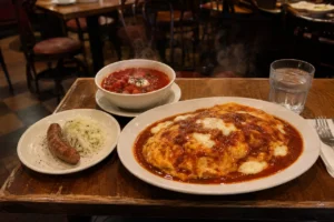 一人分の洋食店のテーブルにボルシチ、ソーセージとコールスロー、赤いソースのオムレツが並ぶ
