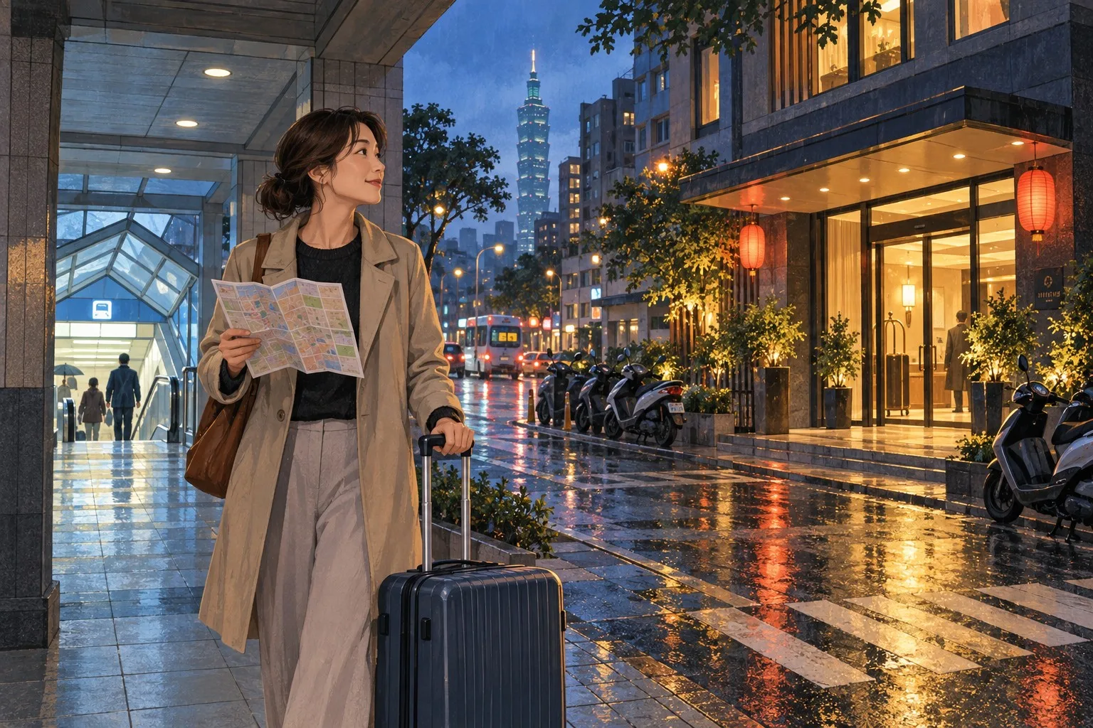 雨の台北で駅出口からホテルまでの近さを確かめる一人旅の情景イラスト