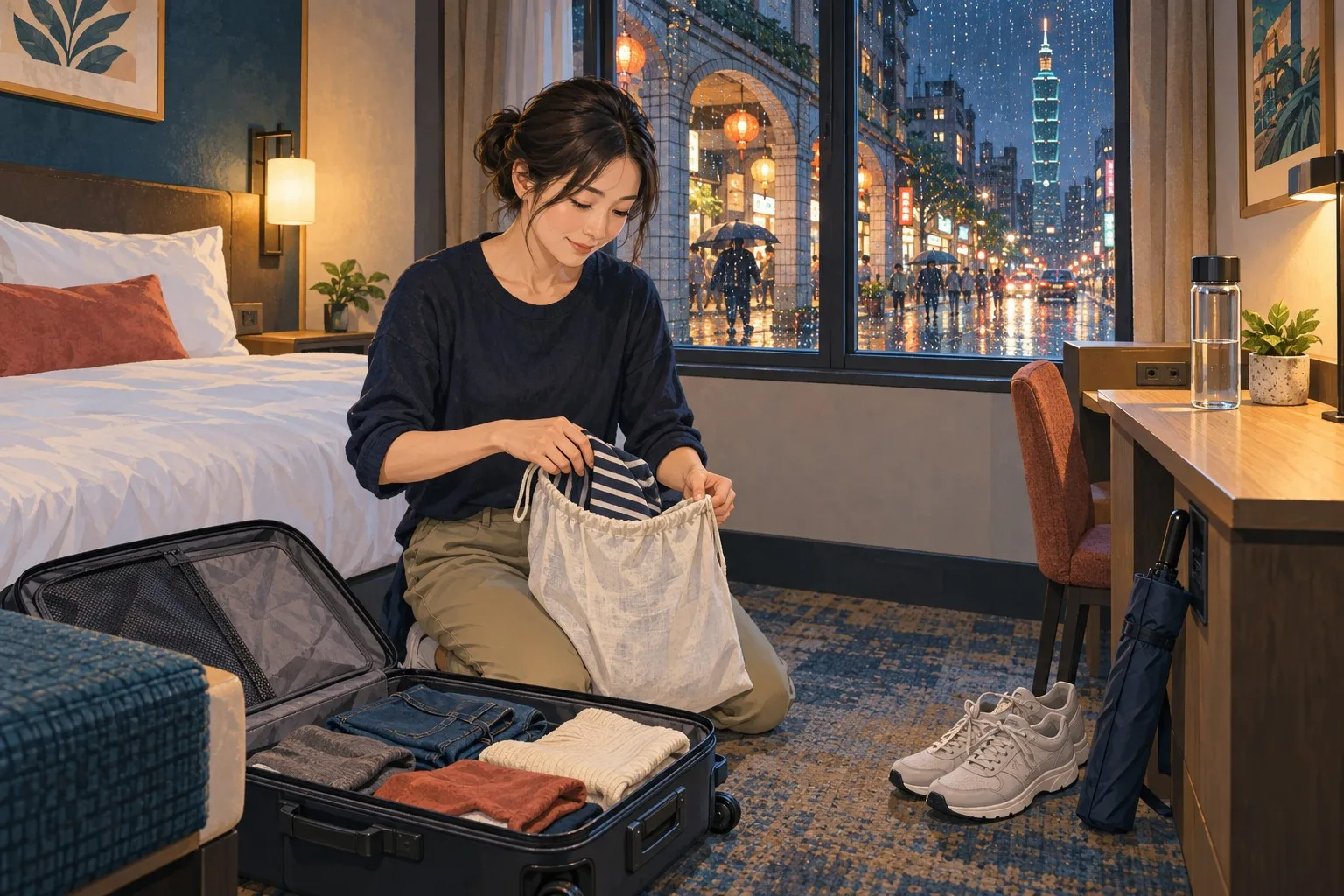 台北の実用ホテルで三日分の服を洗濯袋へ分ける一人旅の情景イラスト