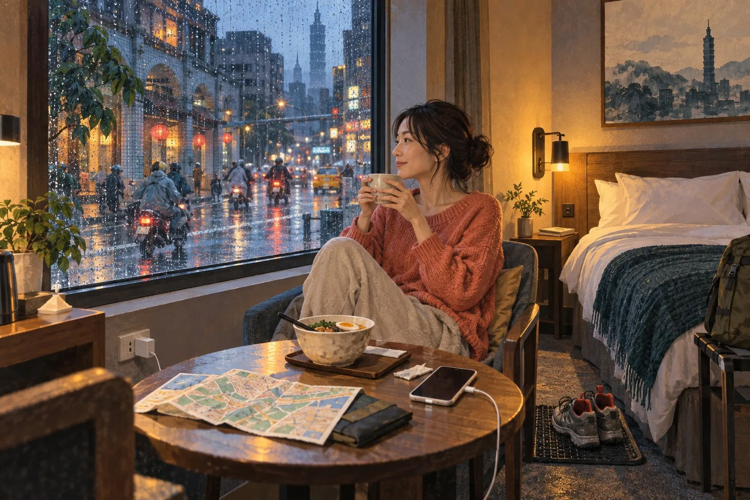 雨の台北でホテルの部屋へ戻り茶を飲みながら休む一人旅の情景イラスト