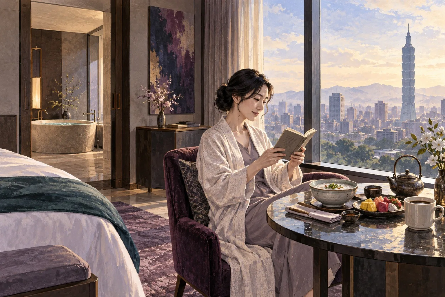 台北の景色を望む広い客室で朝食と読書を一人で楽しむ情景イラスト